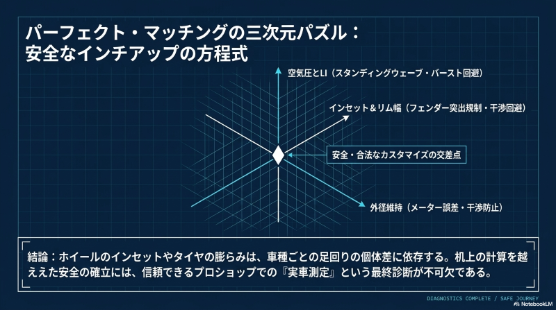 空気圧とロードインデックス、インセットとリム幅、外径維持の3つの要素が交差する、安全で合法なインチアップの方程式を示す三次元グラフ