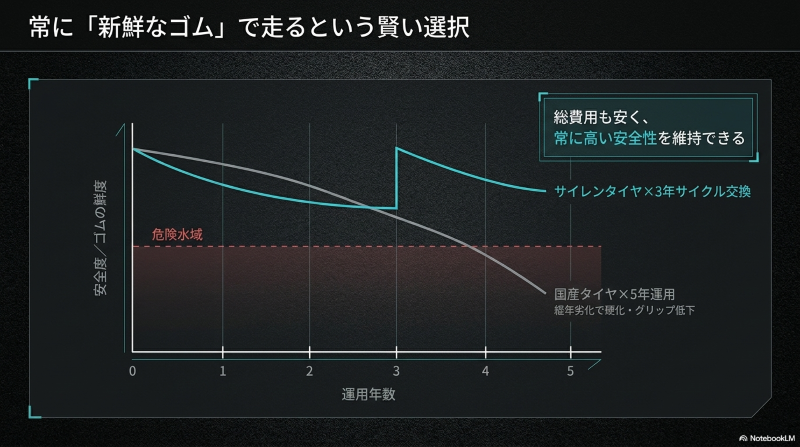 サイレンタイヤの3年交換サイクルと国産タイヤ運用年数の安全性比較