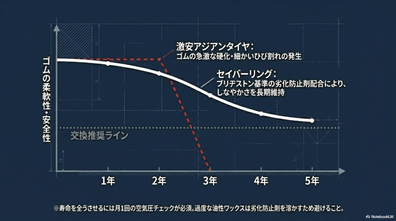 アジアンタイヤとセイバーリングのゴムの柔軟性と経年劣化グラフ