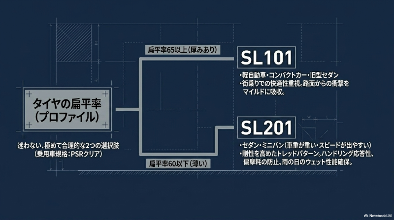 セイバーリングSL101(扁平率65以上)とSL201(扁平率60以下)の違いと特徴
