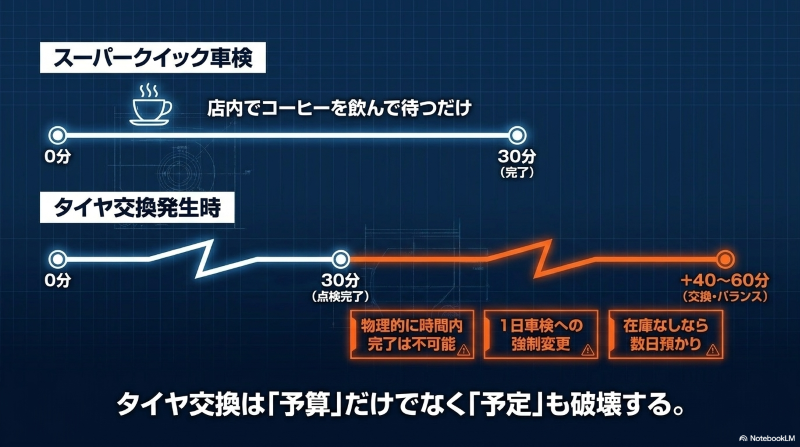 スーパークイック車検でタイヤ交換が発生した場合に1日車検へ強制変更になるタイムライン