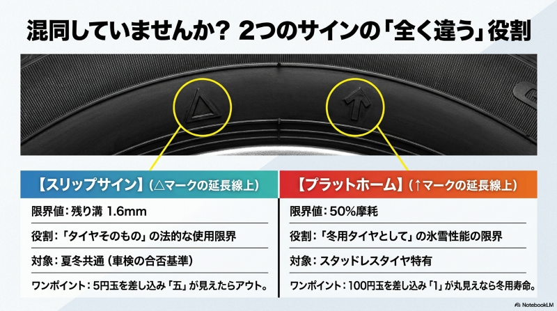 タイヤ側面にあるスリップサインを示す三角マークと、プラットホームを示す矢印マークの位置の比較