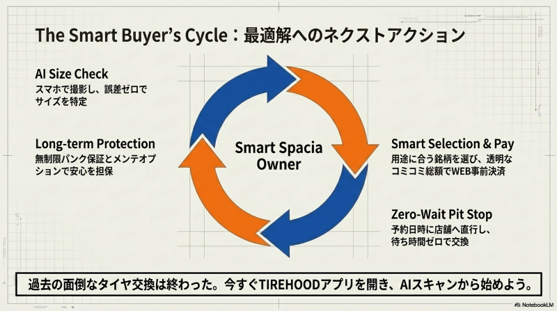 スマホでのAIサイズ確認からWEB決済、店舗でのピット予約へと繋がるスマートなタイヤ購買サイクル図