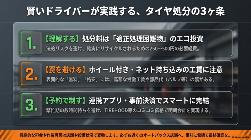 賢いドライバーが実践するタイヤ処分の3ヶ条。1.エコ投資と理解する、2.工賃の罠を避ける、3.予約で制すのまとめスライド。