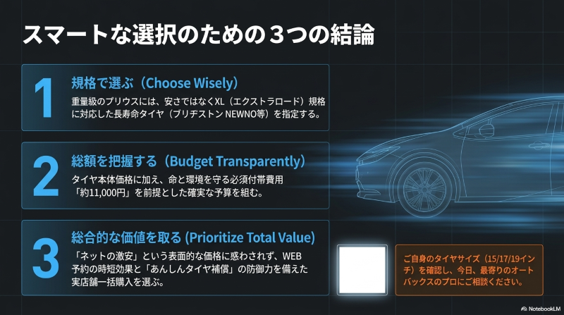XL規格タイヤの選択、総額予算の把握、WEB予約とパンク補償による総合的価値の優先という、スマートなタイヤ選びのための3つの結論