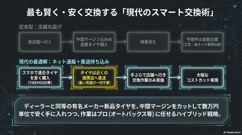 ネット通販で安くタイヤを購入し提携店へ直送する現代のスマートなタイヤ交換フロー