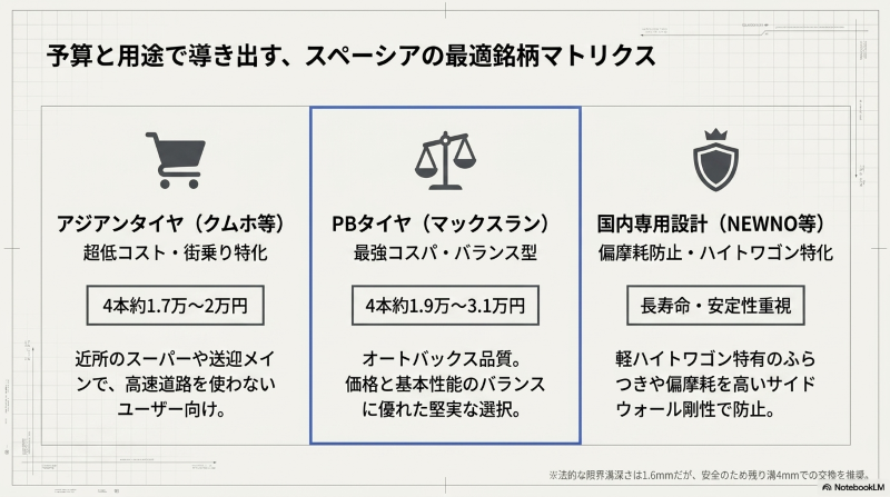 アジアンタイヤ、PBタイヤ、国内専用設計タイヤの特徴と予算・用途を比較したマトリクス図