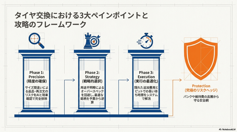 スペーシアのタイヤ交換におけるサイズ間違い・銘柄選び・追加費用という3大ペインポイントと解決フレームワーク図