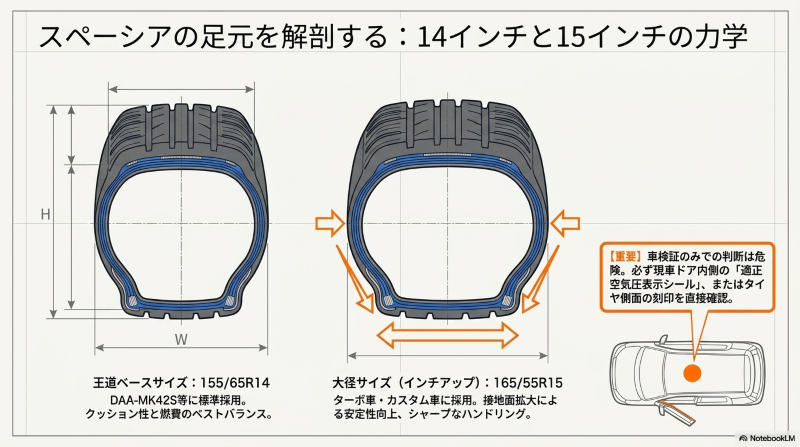 スペーシアの標準タイヤ155/65R14とインチアップサイズ165/55R15の構造と力学的な特徴の比較図