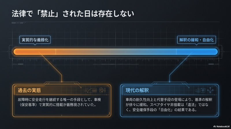 過去の実質的義務化から、現代の安全確保手段の自由化への変遷を示す年表図解