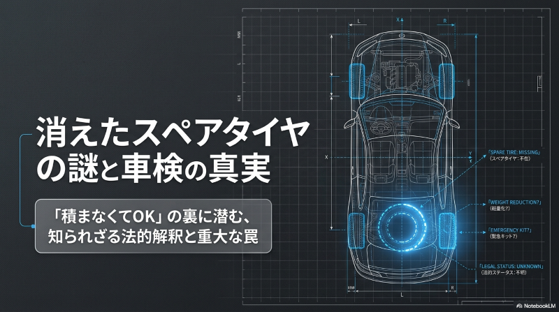 謎と車検の真実 スペアタイヤが車から消えた謎と、車検における搭載義務の真実を解説するタイトルスライド