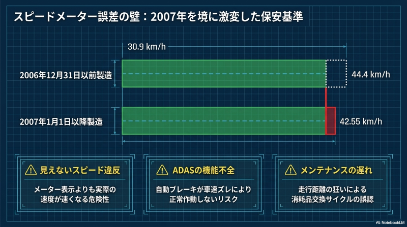 2006年以前と2007年以降製造の自動車における、スピードメーターの車検許容誤差（30.9km/h〜44.4km/hおよび42.55km/h）の違いを示す比較図