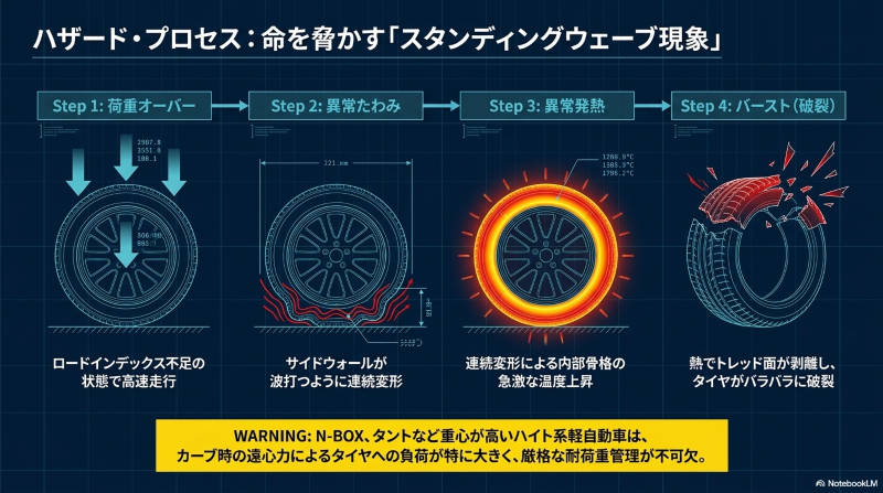 荷重オーバーや空気圧不足によるタイヤの異常たわみ、発熱、そしてスタンディングウェーブ現象から破裂（バースト）に至るまでの4段階のハザードプロセス図