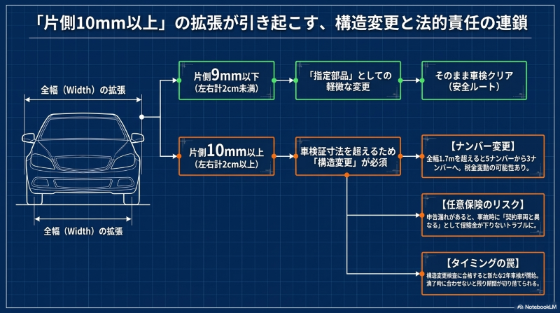 車幅を片側10mm以上拡張した場合、構造変更が必須となり、それに伴うナンバー変更や任意保険の申告漏れトラブル、車検タイミングの罠などが発生することを示すフローチャート