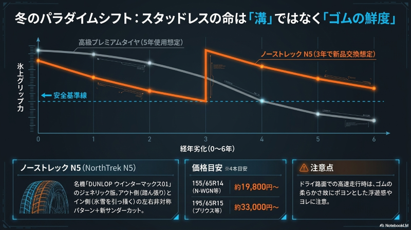 5年使用想定の高級プレミアムタイヤと、3年で新品交換想定のノーストレックN5の氷上グリップ力の経年劣化を比較した折れ線グラフ
