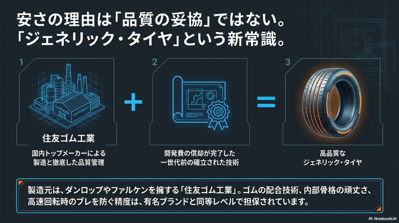 工場と図面のアイコンで、住友ゴム工業の製造と一世代前の技術を組み合わせたジェネリックタイヤの仕組みを解説する図解