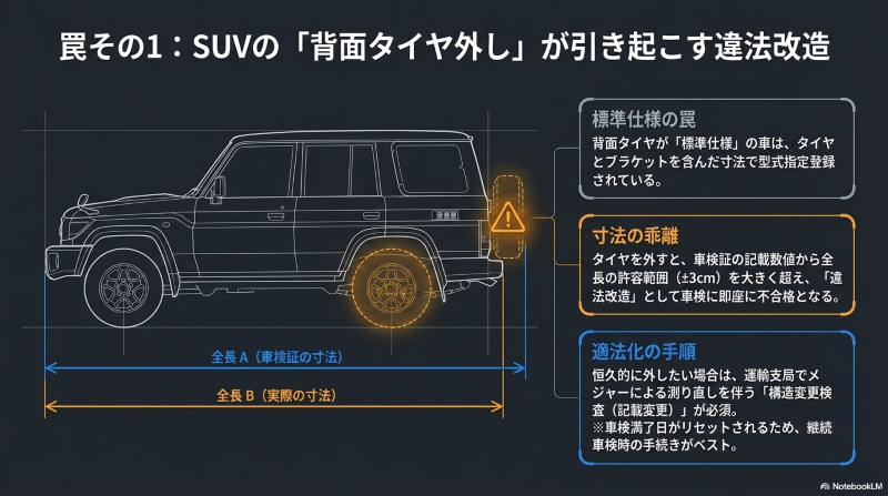ヤ外し」が引き起こす不適合	
背面タイヤを外すことで全長が車検証の記載（許容範囲±3cm）から外れる仕組みの図解