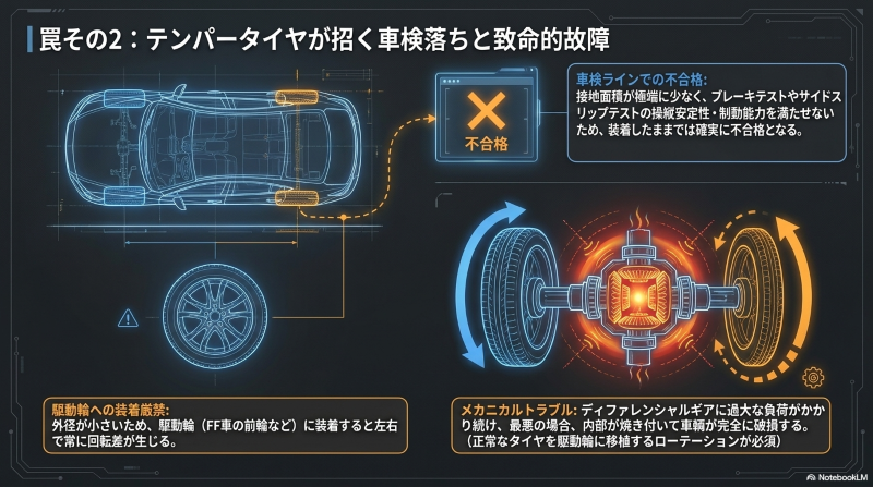 テンパータイヤの制動能力不足による不合格と、駆動輪装着によるデフ故障の警告図解