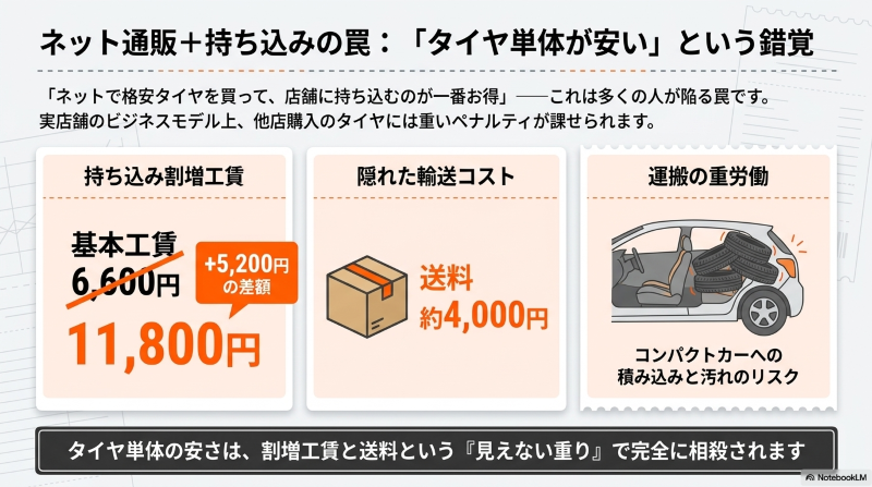 ネット通販と持ち込み交換の罠。割増工賃と送料で安さが相殺され、車への積み込みという重労働も発生する