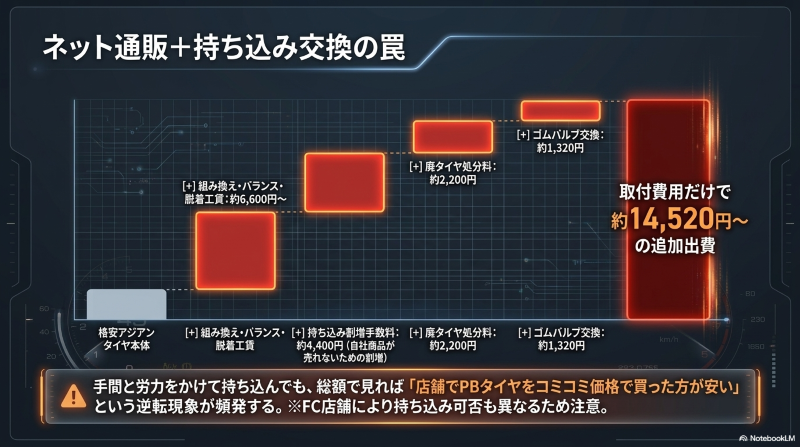 ネット通販で購入したタイヤを持ち込み交換する際の追加費用と総額シミュレーション