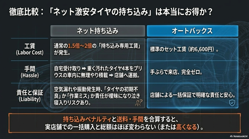 ネット激安タイヤの持ち込みと実店舗購入について、工賃、手間、保証の3つの観点から比較し、実店舗での一括購入の方がお得であることを示した表