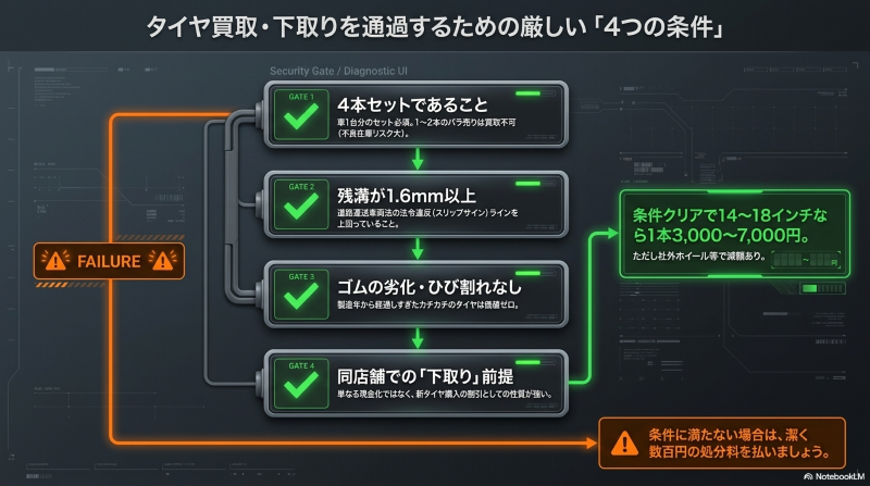 タイヤ買取・下取りの厳しい4条件。4本セット、残溝1.6mm以上、ゴムの劣化なし、同店舗での下取り前提の解説図。