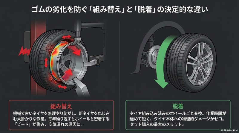 ゴムの劣化やビードの損傷を防ぐ「脱着」作業と、機械で無理やり剥がす「組み替え」作業の違いを比較した図