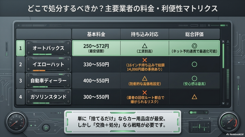 どこで処分するべきか？オートバックス、イエローハット、ディーラー、ガソリンスタンドの料金と利便性の比較マトリクス表。