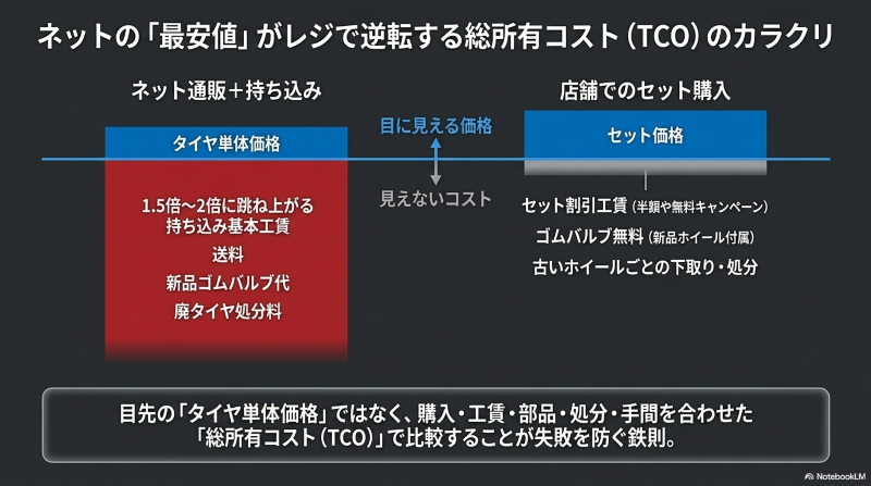 タイヤ交換時に必須となるゴムバルブ交換（スローパンクチャー防止）と廃タイヤ処分料（適正処理困難物）の2つのコストを解説した図