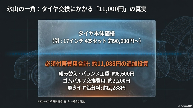 タイヤ本体価格とは別に発生する、組み替え工賃やバルブ交換、廃タイヤ処分料など約11,000円の必須付帯費用を示した図