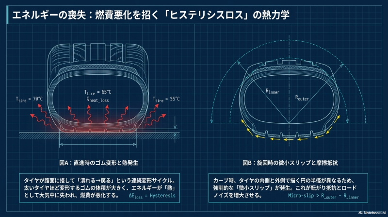 直進時のタイヤ変形による熱エネルギーの喪失（ヒステリシスロス）と、旋回時の微小スリップによる摩擦抵抗の発生メカニズム図