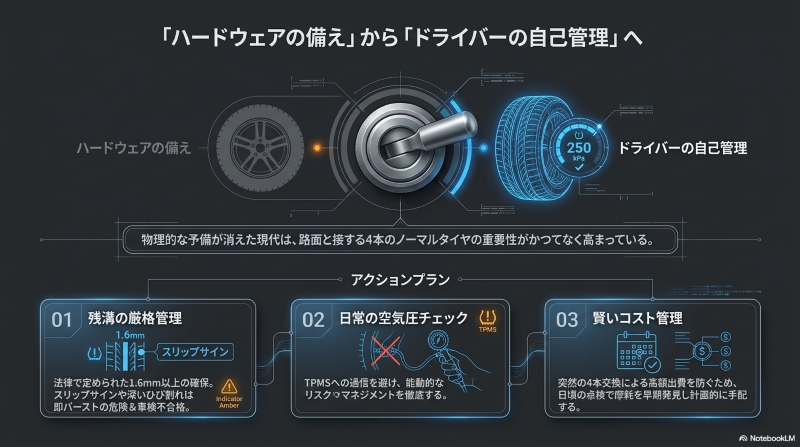 残溝1.6mmの管理、空気圧チェック、コスト管理など能動的なリスク管理の提案