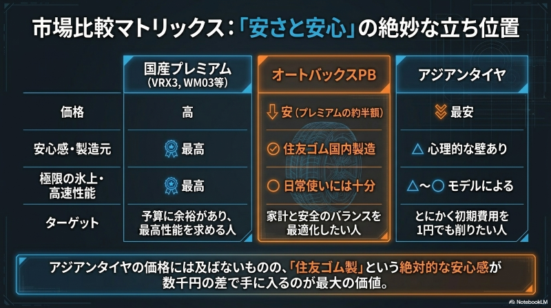 価格、安心感、極限性能、ターゲット別に、国産プレミアムタイヤ、オートバックスPBタイヤ、アジアンタイヤの立ち位置を比較した表