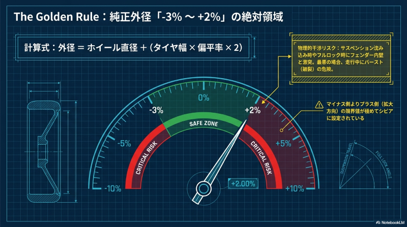純正外径に対するマイナス3%からプラス2%の安全領域（SAFE ZONE）と物理的干渉リスクを示すメーター図表