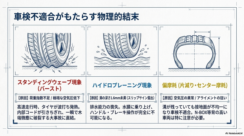 荷重指数不足によるスタンディングウェーブ現象、溝不足によるハイドロプレーニング現象、アライメント不良による偏摩耗のイラスト