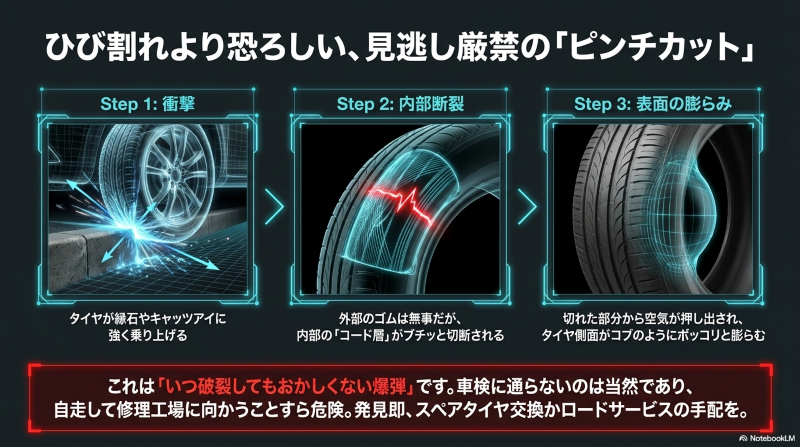 縁石などの衝撃からタイヤ内部が断裂して側面にコブができるピンチカットの発生3ステップ