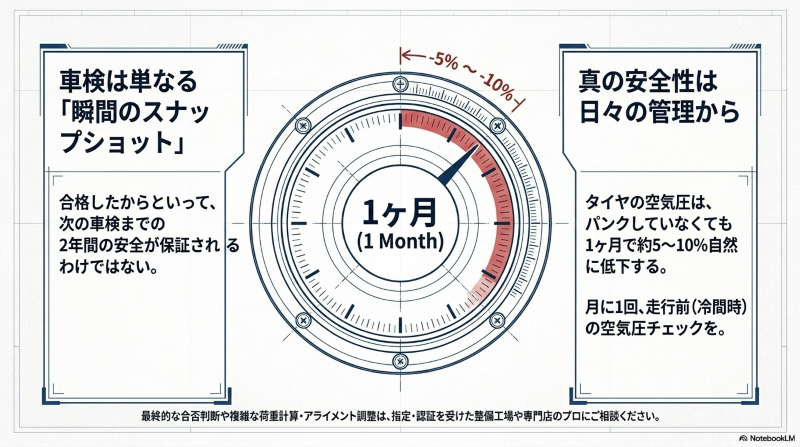 タイヤの空気圧は1ヶ月で約5から10パーセント自然低下するため、走行前の月1回チェックが必要であることを示す図