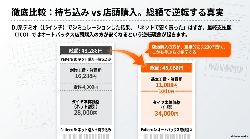 デミオ15インチのタイヤ交換総額比較。オートバックス店頭購入が45,088円に対し、ネット購入の持ち込みは48,288円となり店頭購入の方が安い