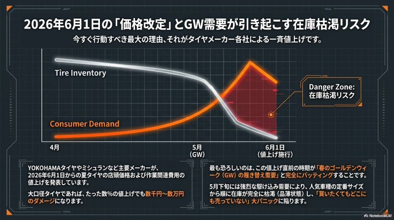 YOKOHAMAタイヤやミシュランなどの2026年6月1日の価格改定に伴い、5月のGW需要と駆け込み需要が重なることで発生する深刻な在庫枯渇リスク（Danger Zone）を警告するグラフ