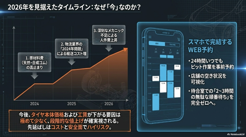 原材料費の高止まりや物流の2024年問題、メカニック不足を背景に、2026年に向けてタイヤ価格と工賃が段階的に値上げされる予想を示したグラフ