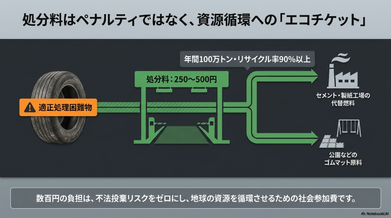 処分料はペナルティではなく資源循環へのエコチケット。回収された廃タイヤがセメント工場の代替燃料や公園のゴムマット原料になるリサイクルルートの図解。