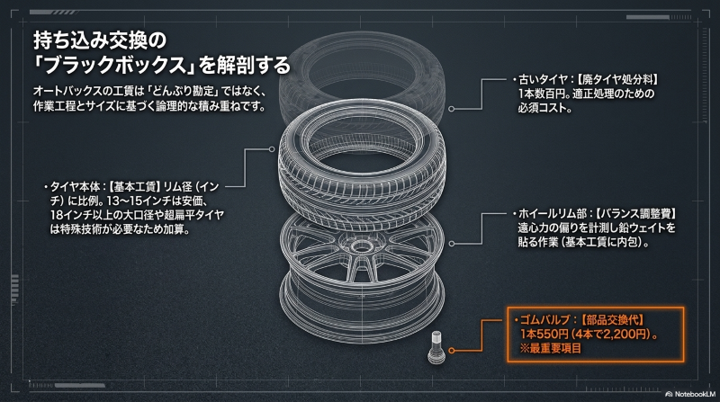 オートバックスの工賃が、廃タイヤ処分料、リム径に比例する基本工賃、バランス調整費、ゴムバルブ部品交換代など、作業工程とサイズに基づく論理的な積み重ねであることを解説した図