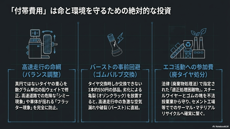 バランス調整、ゴムバルブ交換、廃タイヤ処分の3つの付帯費用が、安全な走行と環境保護のために不可欠な投資であることを解説した図
