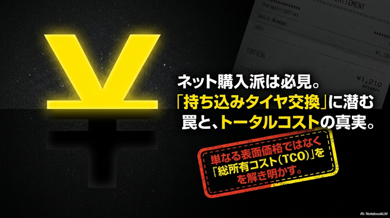 持ち込みタイヤ交換に潜む罠とトータルコストの真実を解説したタイトルスライド