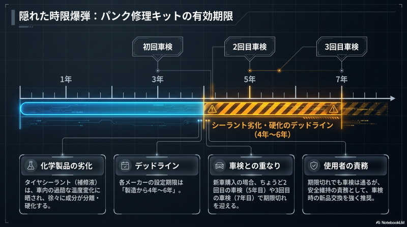 製造から4〜6年で劣化する補修液のデッドラインと車検サイクルの重なりを示す図