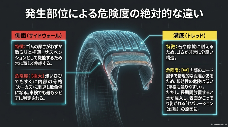 タイヤの側面（サイドウォール）と溝底（トレッド）の構造とひび割れ危険度の違い