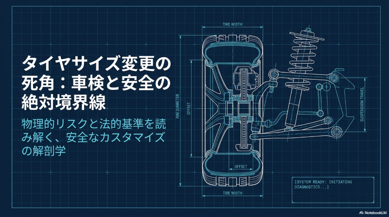 サスペンションとホイールの構造図と、タイヤサイズ変更における車検と安全の境界線を示すタイトル画像