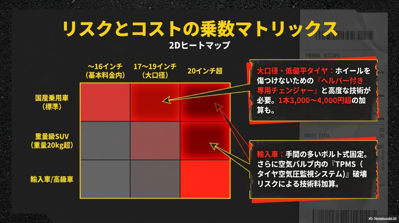16インチから20インチ超のサイズ別、および標準車から重量級SUV・輸入車別の工賃上昇リスクを示すヒートマップ