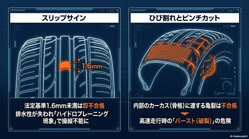 車検の法定基準である1.6mmのスリップサインと、不合格になる危険なひび割れ・ピンチカットの図解