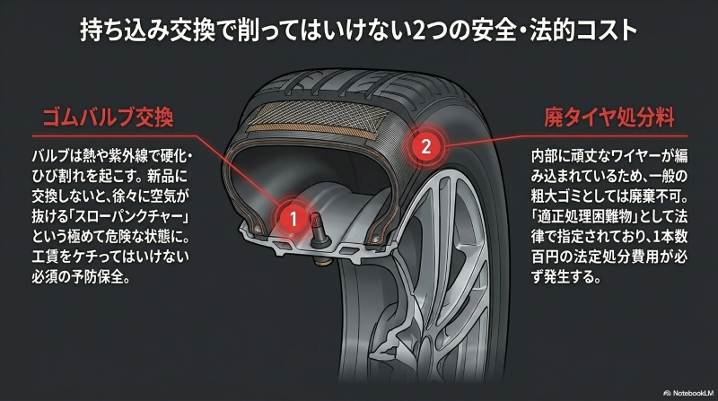 ネット通販の持ち込み交換と店舗でのセット購入における、送料や持ち込み割増工賃を含めた総所有コスト（TCO）の逆転現象を解説した図